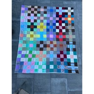 Vintage Polyester Multi-color Patchwork Handmade Quilt 75x60 Twin/Full Overlay